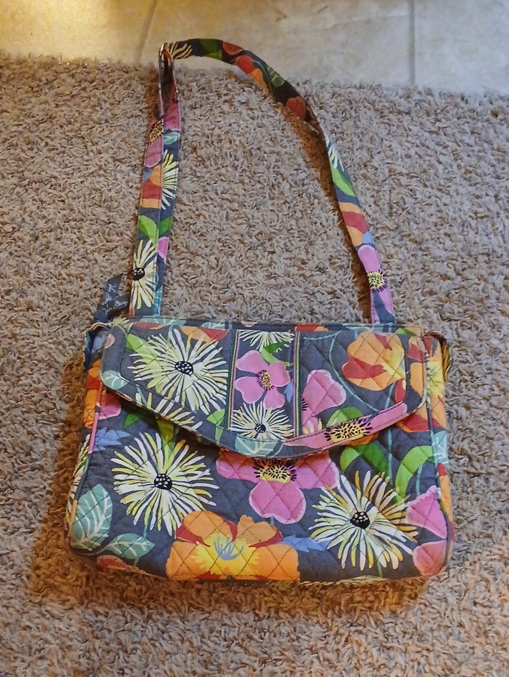 Vera Bradley Quilted Floral Crossbody in Gray with Pink, Yellow & Green